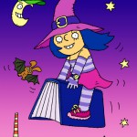 Veselá čarodějka letí na knížce # A happy witch flies on a book